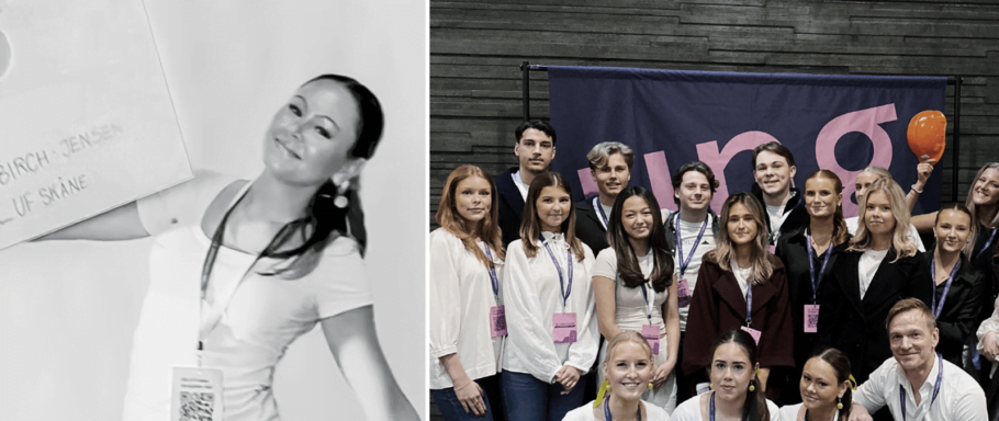 Hedda Birch Jensen, årets säljare i Skåne, firar sin bragd – till vänster själv, och till höger tillsammans med sina skolkamrater.