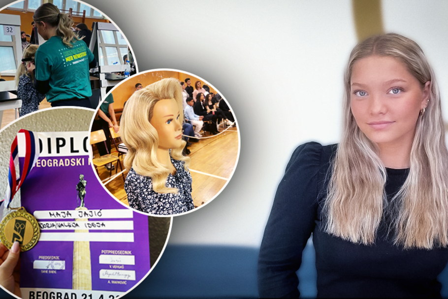 Montage: Tre cirklar med inklippta bilder från frisörtävlingen i Serbien. Till höger en bild på eleven Maja som ler och tittar in i kameran.
