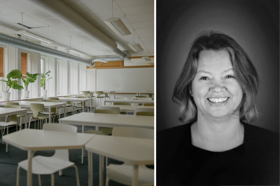 Tomt klassrum på Affärsgymnasiet. Rektor Maria Hallberg infälld.