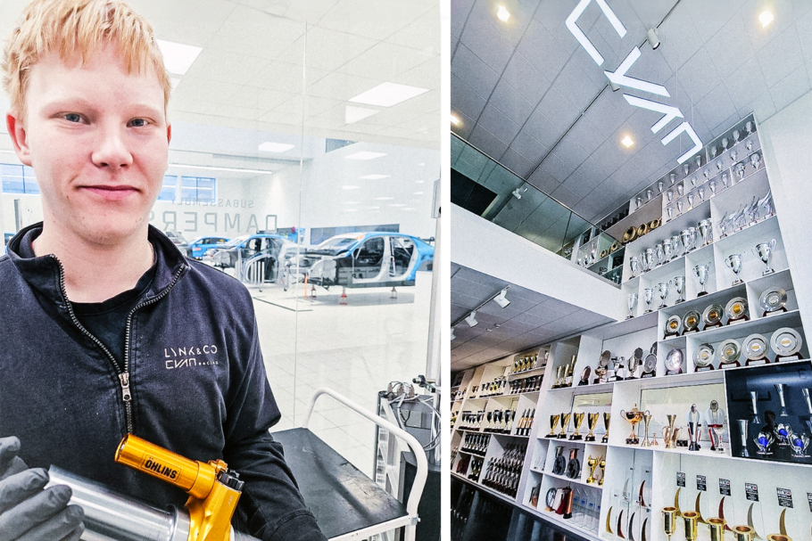 Montage. Till vänster: Eleven Axel Matsson står i företagets fräscha verkstad, håller upp ett ett verktyg och ler mot kameran. Infälld: En bild på företagets stora, vita prisskåp som är fyllt med pokaler och plaketter i olika valörer.
