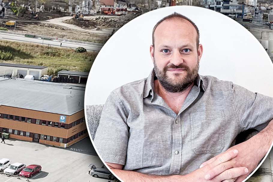 Montage: I bakgrunden en bild med fågelperspektiv över Yrkesgymnasiet Huddinges skolbyggnad. Inklippt en bild på rektor Erik Nilsson.