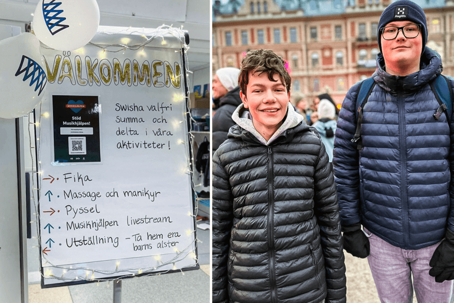 Montage. Till vänster: en bild på en skylt som förklarar fritidshemmets aktiviteter för att stötta musikhjälpen. Till höger: två glada elever på Kärlekens torg i Sundsvall ler mot kameran.