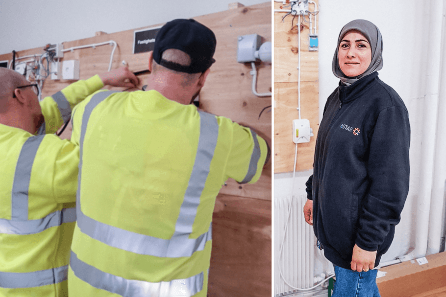 Montage. Till vänster: Eleverna tränar på elarbete på en trävägg. Till höger: Läraren Wijdan Yousuf tittar in i kameran.
