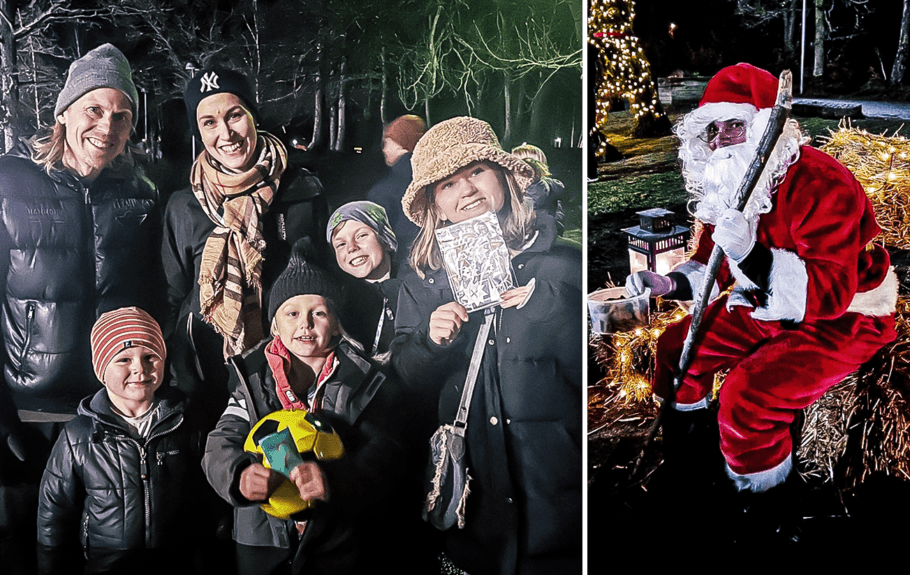 Montage från julbasaren. Till vänster: En glad familj. Till höger: En tomte som sitter på en höbal.