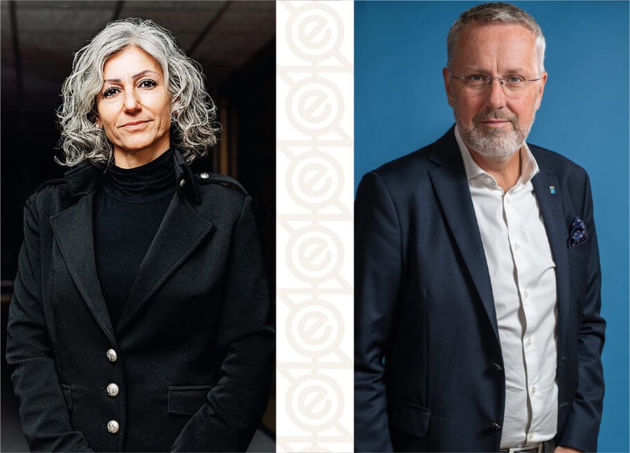 Porträtt av Ester Alavei, VD, till vänster i svart kavaj, och Fredrik Geijer, styrelseordförande, till höger i mörk kostym med blå bakgrund.