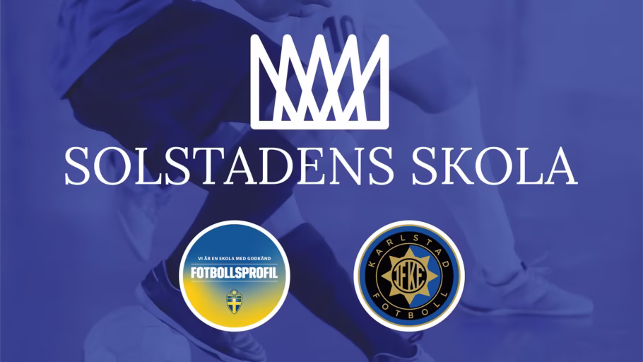 Bild med tre logotyper: Karlstad Fotbollsklubbs logotyp till vänster, Solstadens skolas logotyp i mitten, och Svenska Fotbollsförbundets logotyp till höger.
