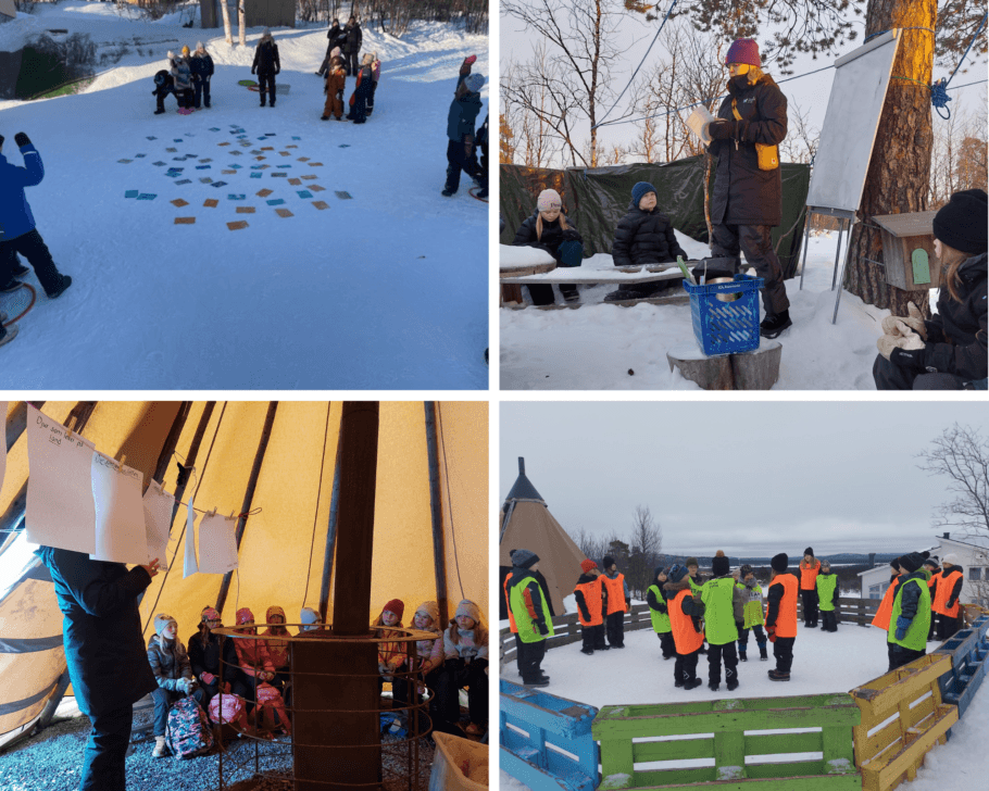 Fotot är ett collage på olika undervisningssituationer utomhus.