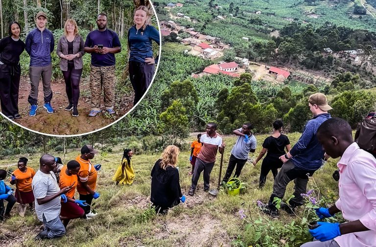 Montage med bilder från Affärsgymnasiets samarbete i Uganda, inklusive elever, undervisning och lokala miljöer