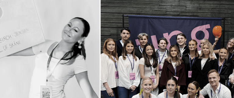 Hedda Birch Jensen, årets säljare i Skåne, firar sin bragd – till vänster själv, och till höger tillsammans med sina skolkamrater.