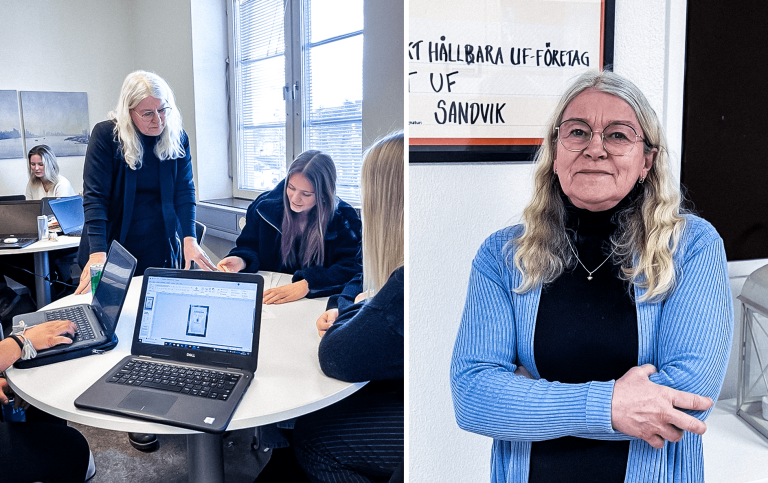 Montage med läraren Ann Östlund. Till vänster: Ann Östlund undervisar elever i ett klassrum. Till höger: Ann Östlund står med armarna i kors och tittar in i kameran.