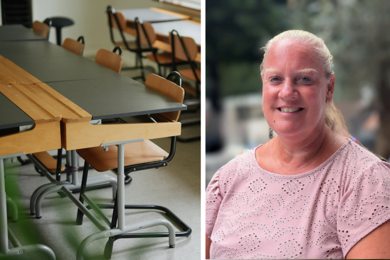 Pulpeter i ett klassrum och Catharina Hallberg, Årets lärare i Hässleholm.