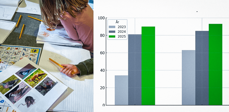 Illustration med texten 'Förskolan Porslinskvarteret – enkätsvar', tillsammans med symboler som representerar barn, utbildning och utvärdering