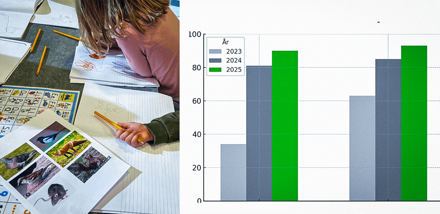 Illustration med texten 'Förskolan Porslinskvarteret – enkätsvar', tillsammans med symboler som representerar barn, utbildning och utvärdering