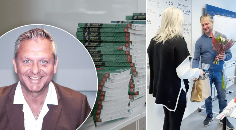 Lärare som undervisar i matematik framför en interaktiv whiteboard med geometriska figurer, medan elever följer med i klassrummet