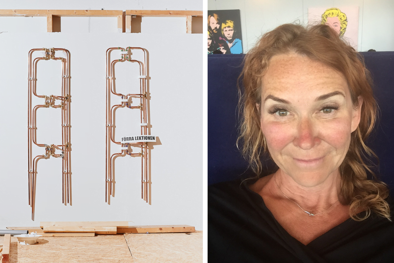 Rör på väggen i Yrkesgymnasiets yrkessal, samt Linda Swedén, rektor på Yrkesgymnasiet Gävle.