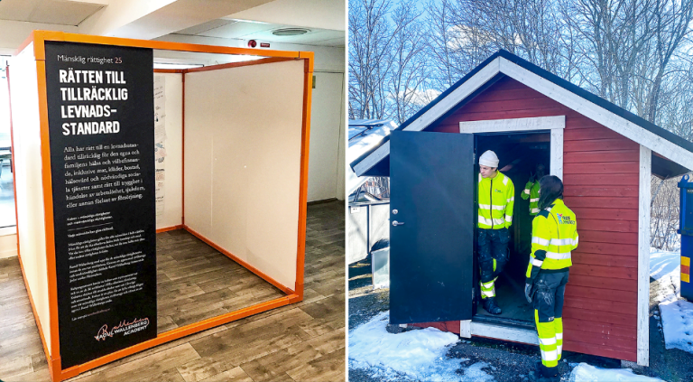 Två bilder: till vänster en orange ram med text om "Rätten till tillräcklig levnadsstandard". Till höger två personer i neongula arbetskläder vid en liten röd förrådsbyggnad i vintermiljö.