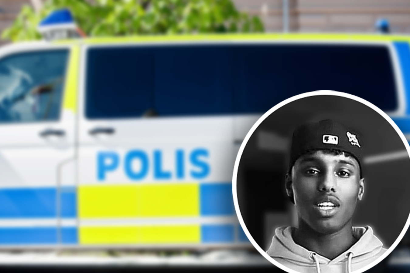 Montage. En suddig bakgrundsbil på en svensk polisbuss. Infälld: En cirkel med vit ram innehållandes en svartvit närbild på eleven Hussein Abdi Ali.