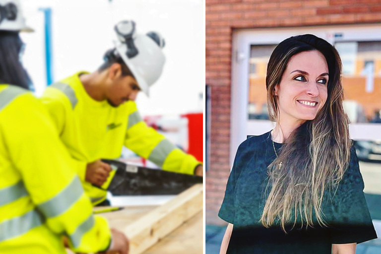 Montage. Till höger: en bild på två Yrkesgymnasiet-elever iförda gula varselkläder och vita hjälmar som sågar en planka.