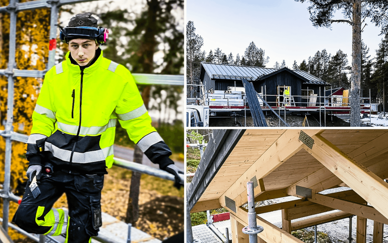 Elev på Yrkesgymnasiet Skellefteå bygger ett hus med träreglar, iförd skyddskläder och hjälm i en byggmiljö.