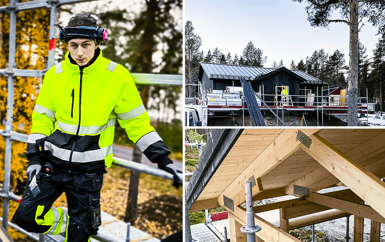 Elev på Yrkesgymnasiet Skellefteå bygger ett hus med träreglar, iförd skyddskläder och hjälm i en byggmiljö.