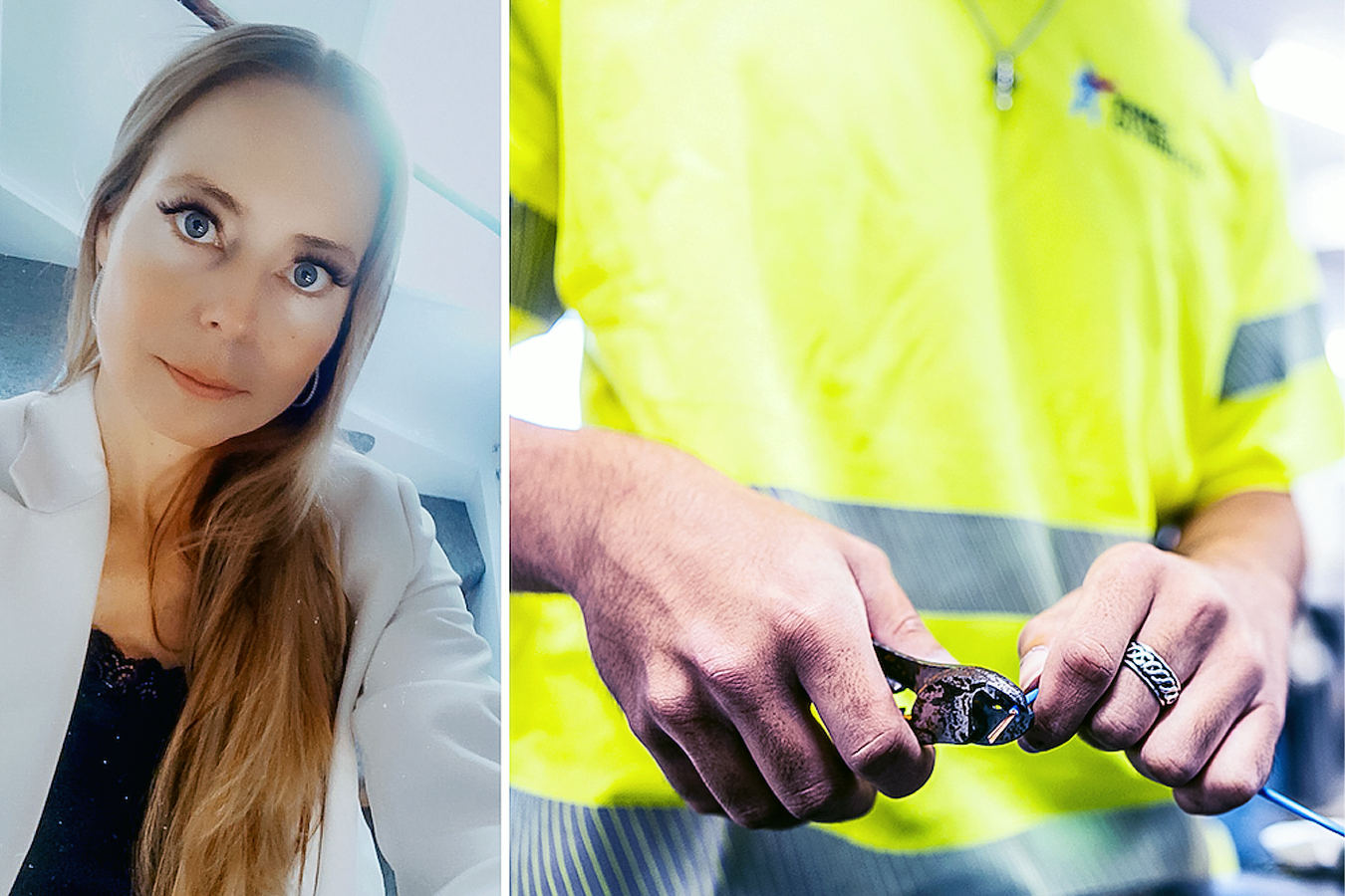 Montage. Till vänster: Yrkesgymnasiets rektor Mari Winterlund tittar mot kameran. Till höger: Infälld närbild på en Yrkesgymnasiet-elev med gul varselpiké som klipper en elkabel med en tång.