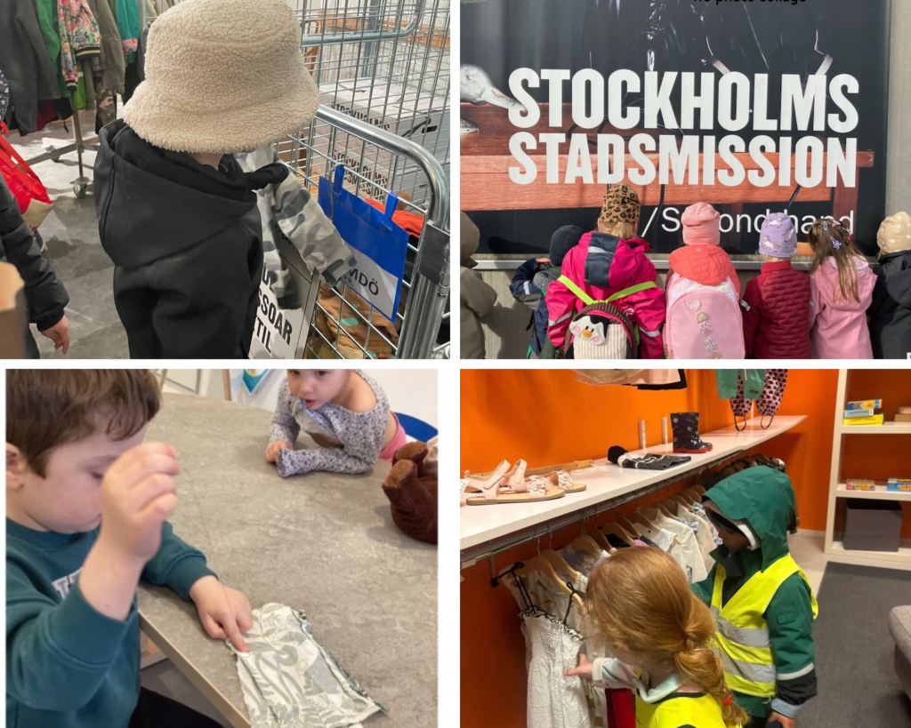 Foto på förskolebarnen vid olika aktiviteter och besök.